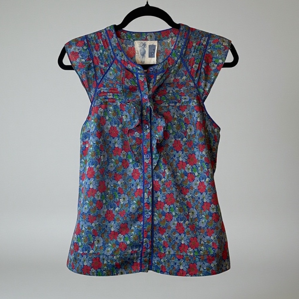 Edme & Esyllte Anthropologie Floral Ruffle Button Down Blouse Blue Red Size 6